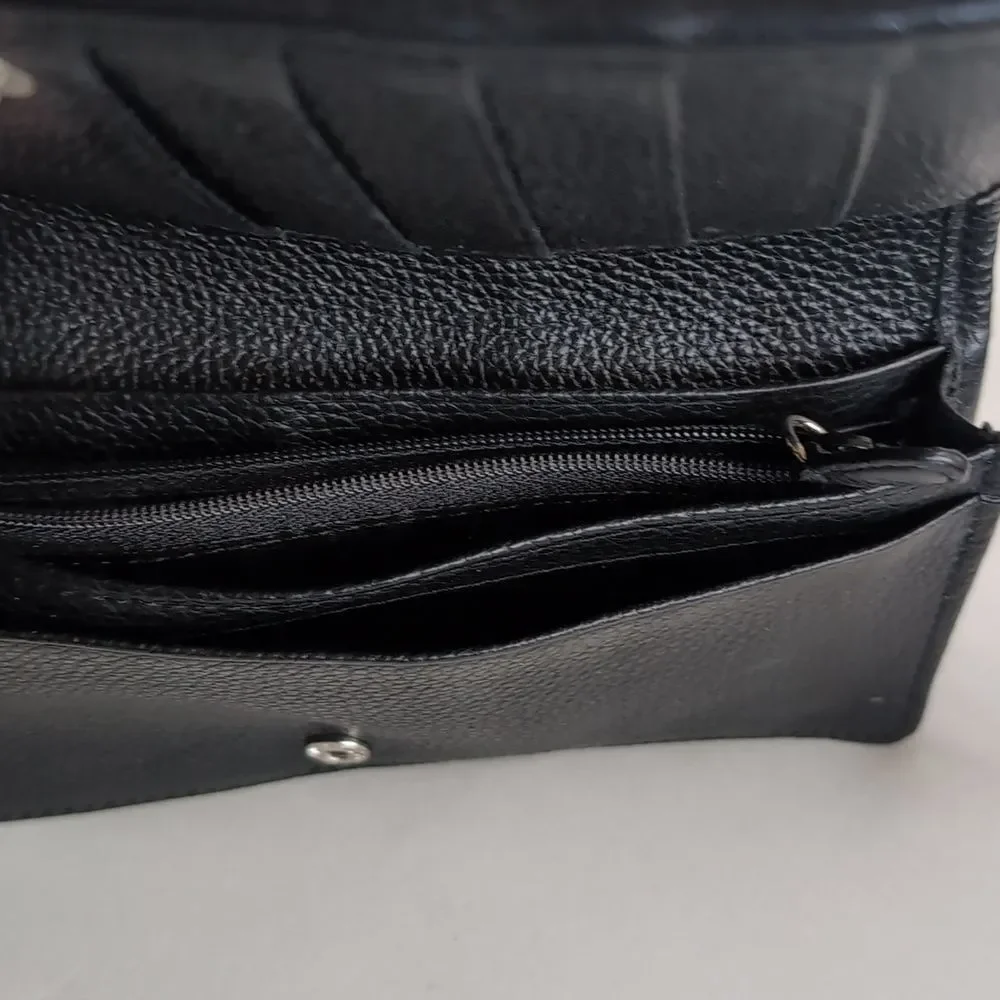 Brighton Talana Large Slim Wallet Woven Black Leather With Silver Medallion NWOT